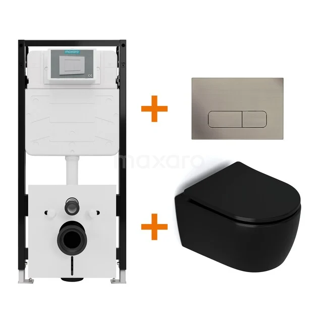 Toiletset Mat zwart zonder Spoelrand + Maxaro Flush Slim Pro inbouwreservoir met geluidsisolatie TOI2938