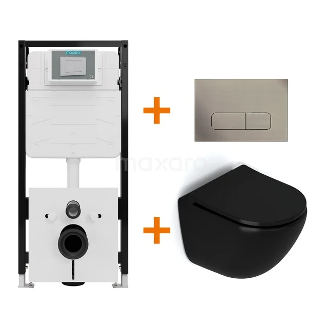 Toiletset Mat zwart zonder Spoelrand + Maxaro Flush Slim Pro inbouwreservoir met geluidsisolatie TOI2947