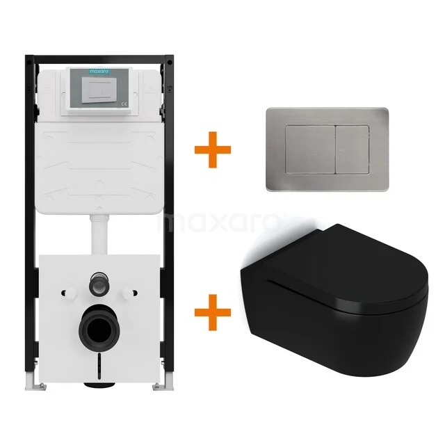 Toiletset Mat zwart met Spoelrand + Maxaro Flush Slim Pro inbouwreservoir met geluidsisolatie TOI2964