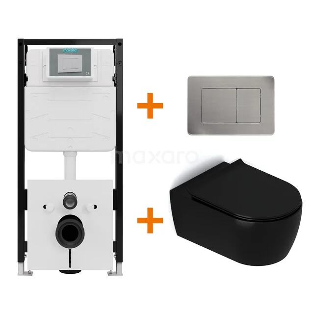 Toiletset Mat zwart met Spoelrand + Maxaro Flush Slim Pro inbouwreservoir met geluidsisolatie TOI2965