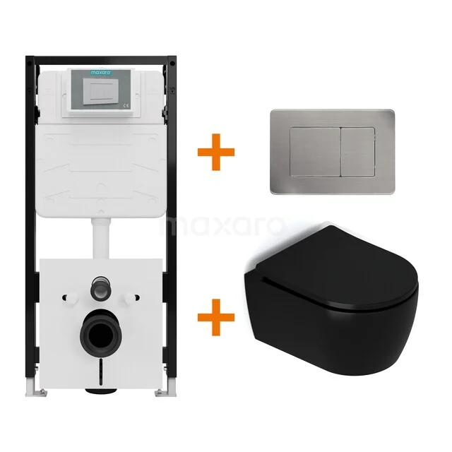 Toiletset Mat zwart met Spoelrand + Maxaro Flush Slim Pro inbouwreservoir met geluidsisolatie TOI2967