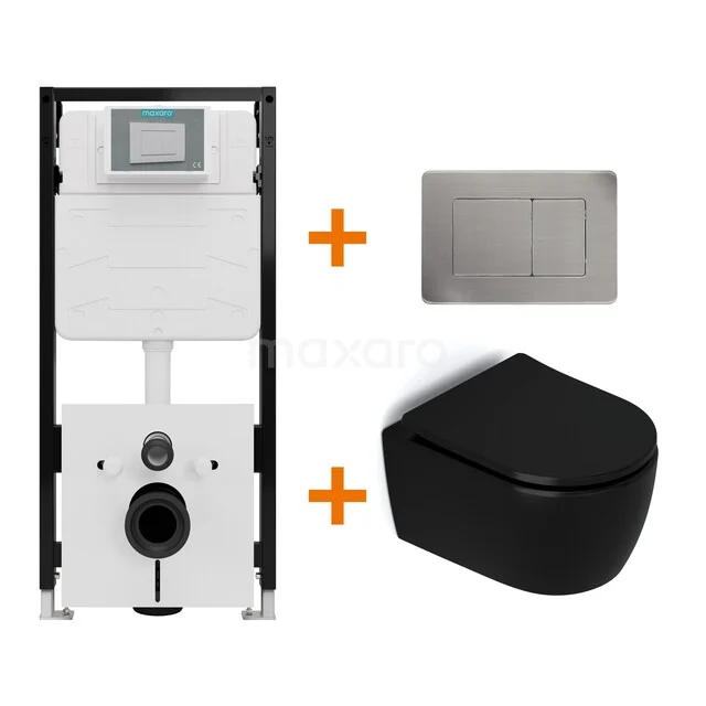 Toiletset Mat zwart zonder Spoelrand + Maxaro Flush Slim Pro inbouwreservoir met geluidsisolatie TOI2971