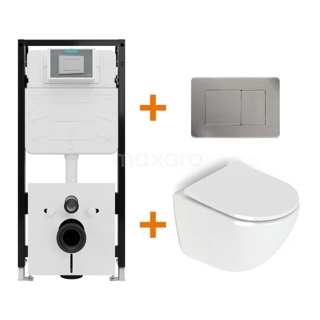 Toiletset Hoogglans wit zonder Spoelrand + Maxaro Flush Slim Pro inbouwreservoir met geluidsisolatie TOI2976