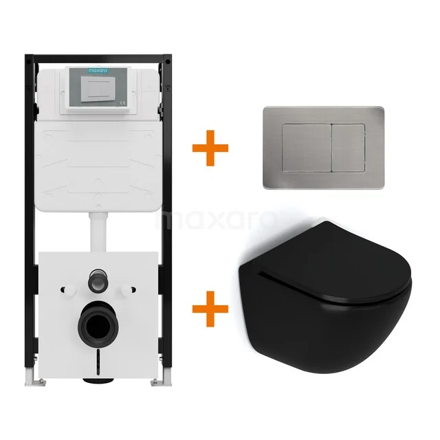 Toiletset Mat zwart zonder Spoelrand + Maxaro Flush Slim Pro inbouwreservoir met geluidsisolatie TOI2980