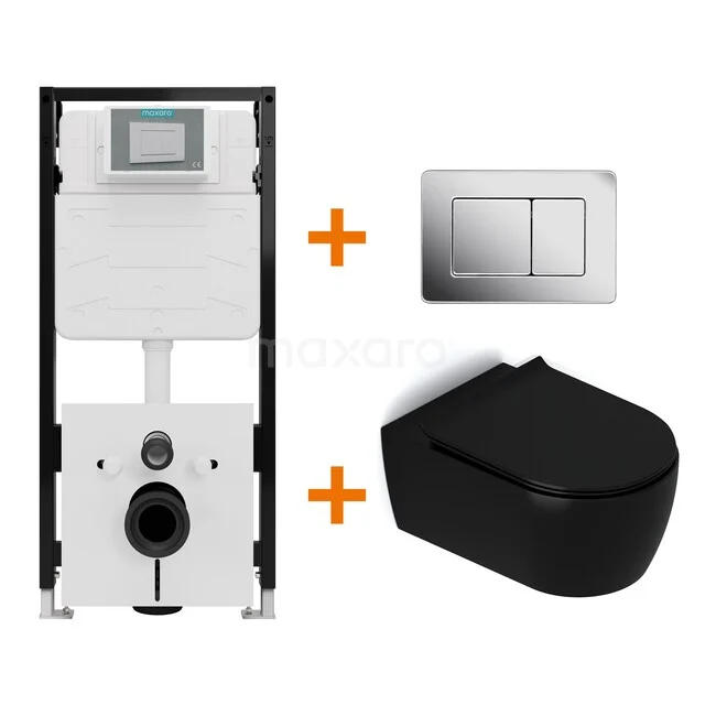 Toiletset Mat zwart met Spoelrand + Maxaro Flush Slim Pro inbouwreservoir met geluidsisolatie TOI2998