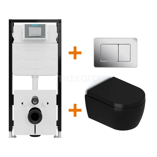Toiletset Mat zwart met Spoelrand + Maxaro Flush Slim Pro inbouwreservoir met geluidsisolatie TOI2999