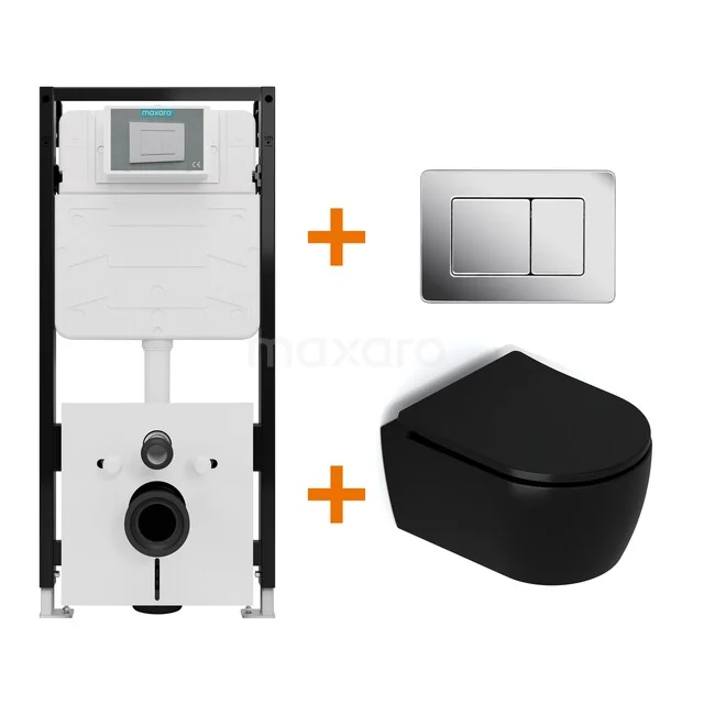 Toiletset Mat zwart met Spoelrand + Maxaro Flush Slim Pro inbouwreservoir met geluidsisolatie TOI3000