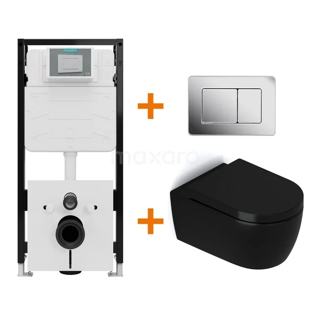Toiletset Mat zwart zonder Spoelrand + Maxaro Flush Slim Pro inbouwreservoir met geluidsisolatie TOI3001