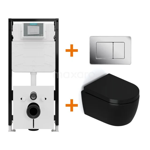 Toiletset Mat zwart zonder Spoelrand + Maxaro Flush Slim Pro inbouwreservoir met geluidsisolatie TOI3003
