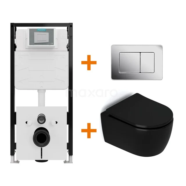 Toiletset Mat zwart zonder Spoelrand + Maxaro Flush Slim Pro inbouwreservoir met geluidsisolatie TOI3004