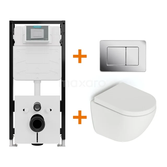 Toiletset Mat wit zonder Spoelrand + Maxaro Flush Slim Pro inbouwreservoir met geluidsisolatie TOI3010