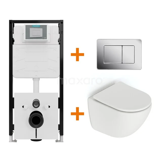 Toiletset Mat wit zonder Spoelrand + Maxaro Flush Slim Pro inbouwreservoir met geluidsisolatie TOI3011