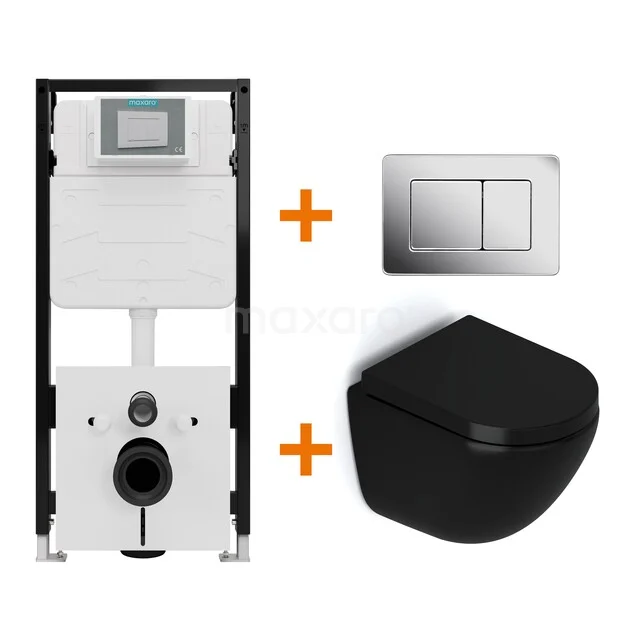 Toiletset Mat zwart zonder Spoelrand + Maxaro Flush Slim Pro inbouwreservoir met geluidsisolatie TOI3012