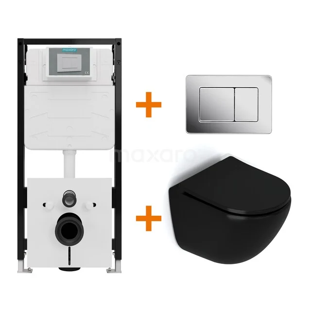 Toiletset Mat zwart zonder Spoelrand + Maxaro Flush Slim Pro inbouwreservoir met geluidsisolatie TOI3013
