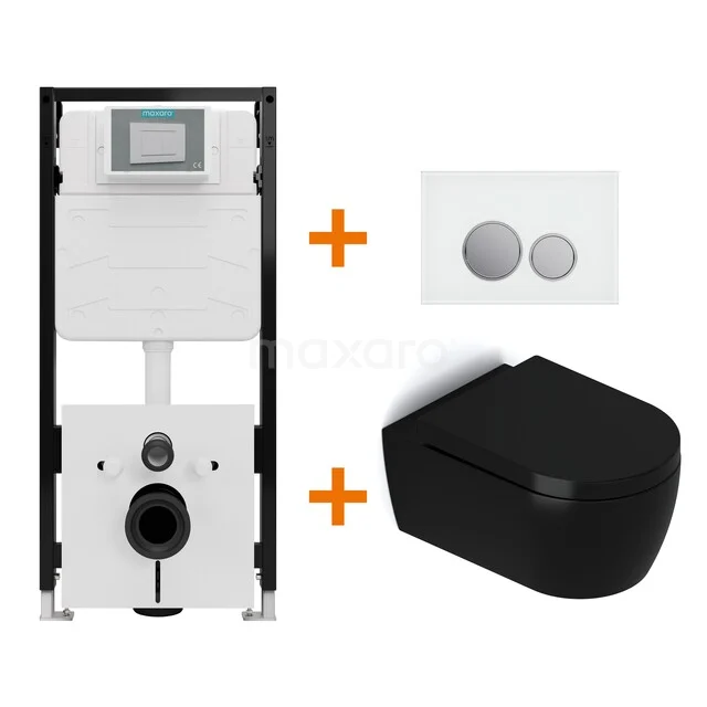 Toiletset Mat zwart met Spoelrand + Maxaro Flush Slim Pro inbouwreservoir met geluidsisolatie TOI3030