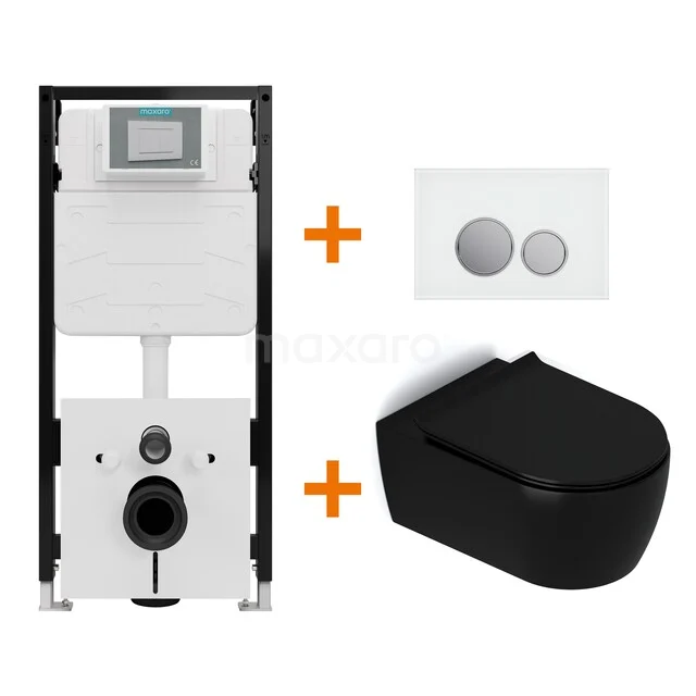 Toiletset Mat zwart met Spoelrand + Maxaro Flush Slim Pro inbouwreservoir met geluidsisolatie TOI3031