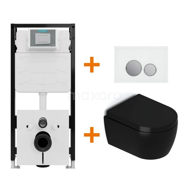Toiletset Mat zwart met Spoelrand + Maxaro Flush Slim Pro inbouwreservoir met geluidsisolatie TOI3032