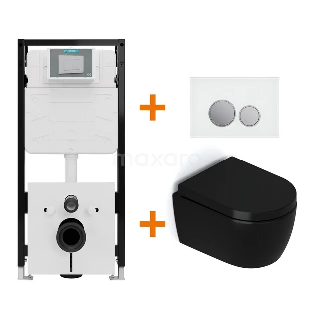 Toiletset Mat zwart zonder Spoelrand + Maxaro Flush Slim Pro inbouwreservoir met geluidsisolatie TOI3036
