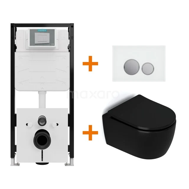 Toiletset Mat zwart zonder Spoelrand + Maxaro Flush Slim Pro inbouwreservoir met geluidsisolatie TOI3037
