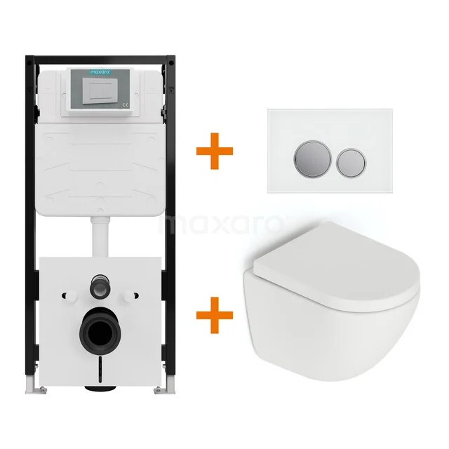 Toiletset Mat wit zonder Spoelrand + Maxaro Flush Slim Pro inbouwreservoir met geluidsisolatie TOI3043
