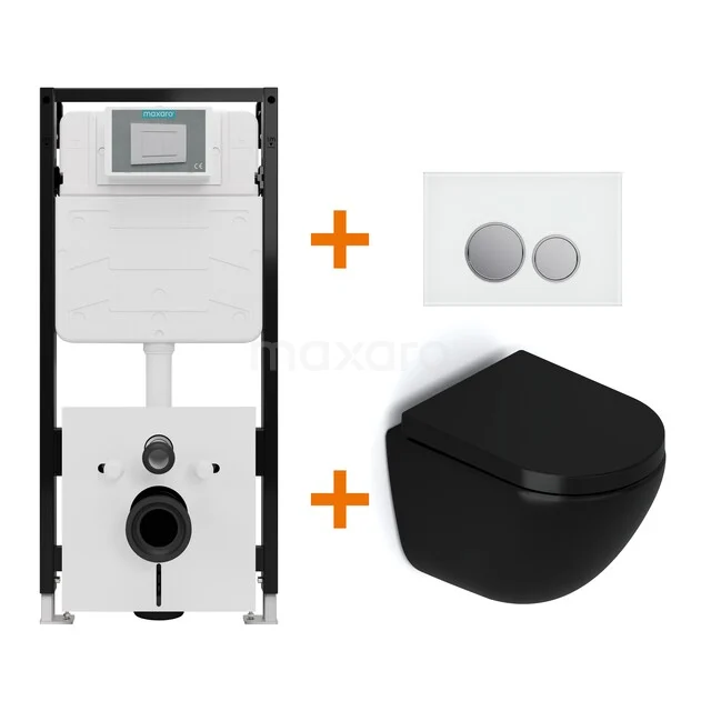 Toiletset Mat zwart zonder Spoelrand + Maxaro Flush Slim Pro inbouwreservoir met geluidsisolatie TOI3045