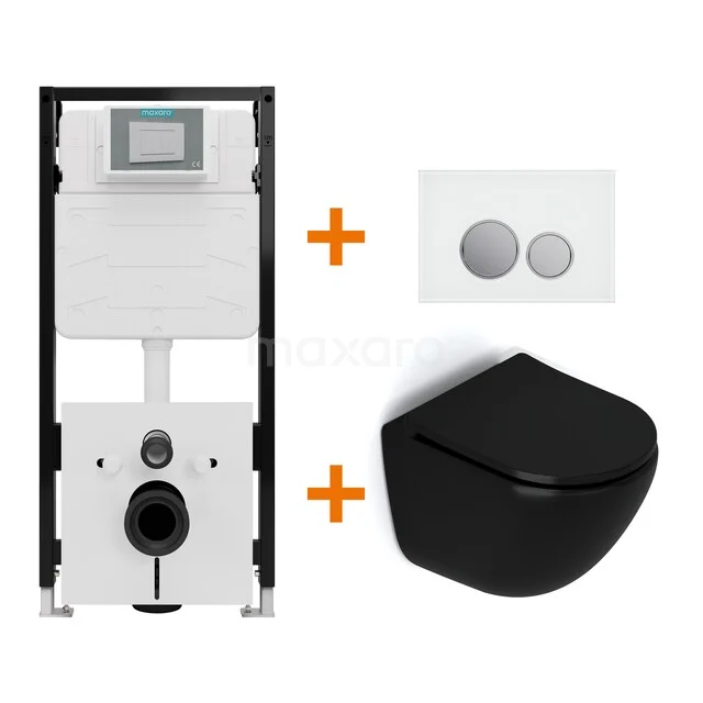 Toiletset Mat zwart zonder Spoelrand + Maxaro Flush Slim Pro inbouwreservoir met geluidsisolatie TOI3046