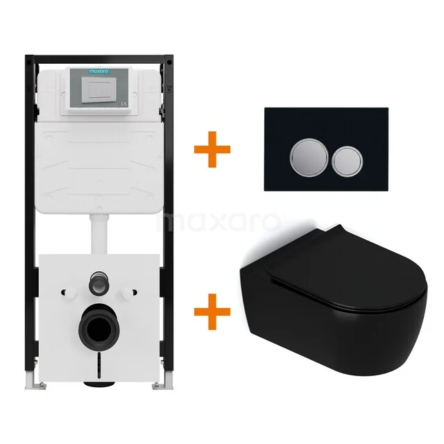 Toiletset Mat zwart met Spoelrand + Maxaro Flush Slim Pro inbouwreservoir met geluidsisolatie TOI3064