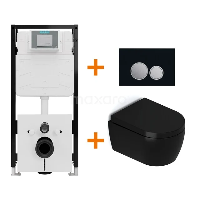 Toiletset Mat zwart met Spoelrand + Maxaro Flush Slim Pro inbouwreservoir met geluidsisolatie TOI3065