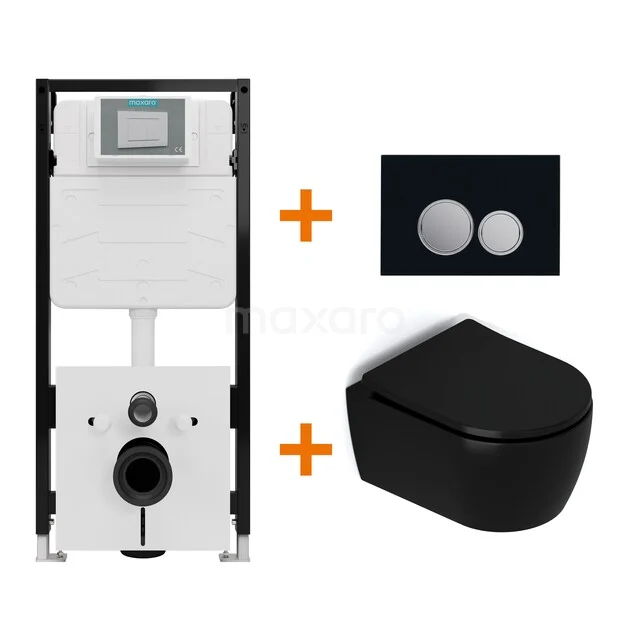 Toiletset Mat zwart met Spoelrand + Maxaro Flush Slim Pro inbouwreservoir met geluidsisolatie TOI3066