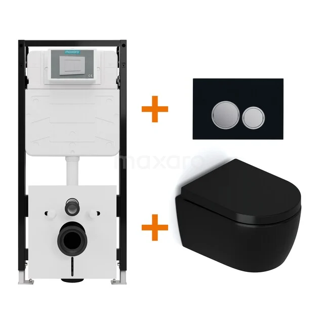 Toiletset Mat zwart zonder Spoelrand + Maxaro Flush Slim Pro inbouwreservoir met geluidsisolatie TOI3069