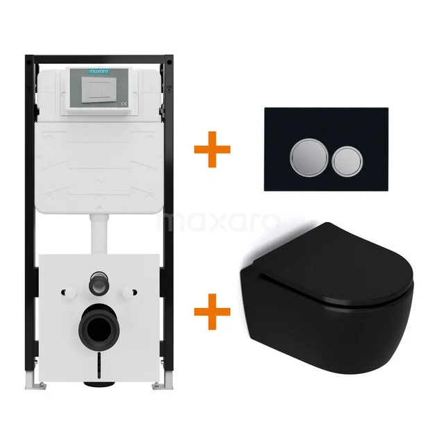 Toiletset Mat zwart zonder Spoelrand + Maxaro Flush Slim Pro inbouwreservoir met geluidsisolatie TOI3070