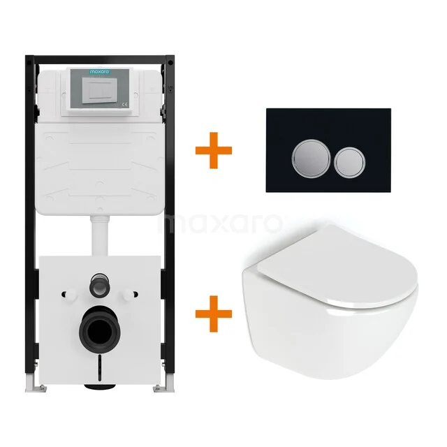 Toiletset Hoogglans wit zonder Spoelrand + Maxaro Flush Slim Pro inbouwreservoir met geluidsisolatie TOI3075