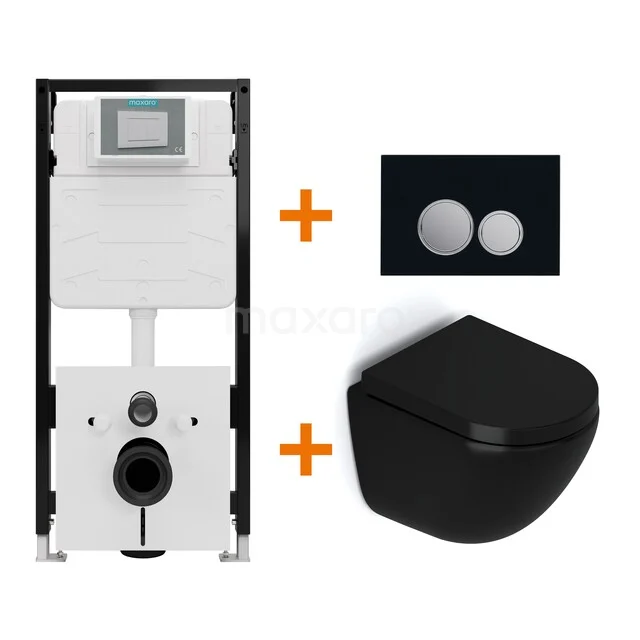 Toiletset Mat zwart zonder Spoelrand + Maxaro Flush Slim Pro inbouwreservoir met geluidsisolatie TOI3078