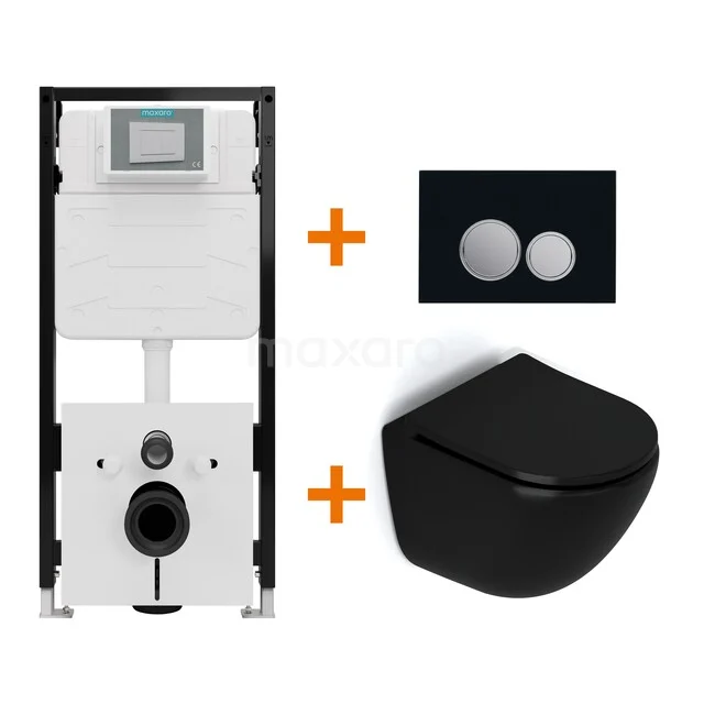 Toiletset Mat zwart zonder Spoelrand + Maxaro Flush Slim Pro inbouwreservoir met geluidsisolatie TOI3079