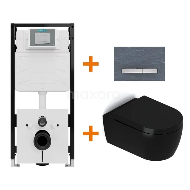 Toiletset Mat zwart met Spoelrand + Maxaro Flush Slim Pro inbouwreservoir met geluidsisolatie TOI3129