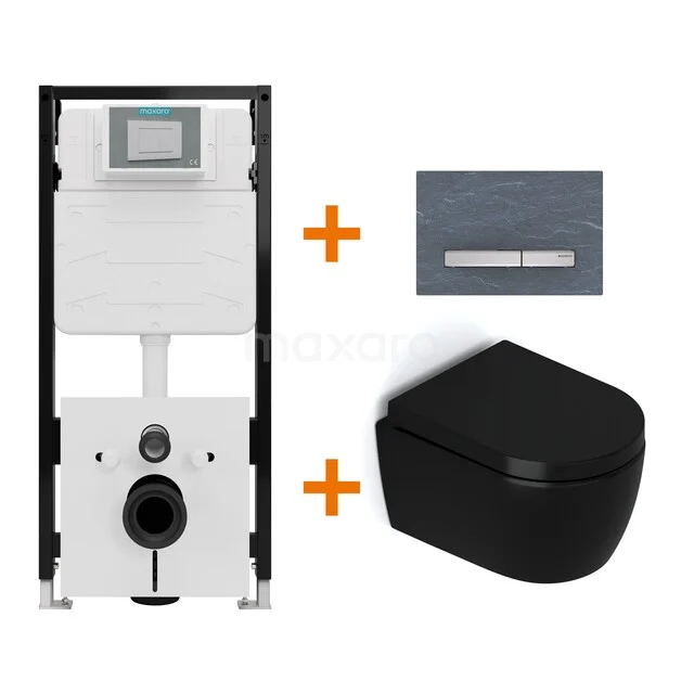 Toiletset Mat zwart zonder Spoelrand + Maxaro Flush Slim Pro inbouwreservoir met geluidsisolatie TOI3135