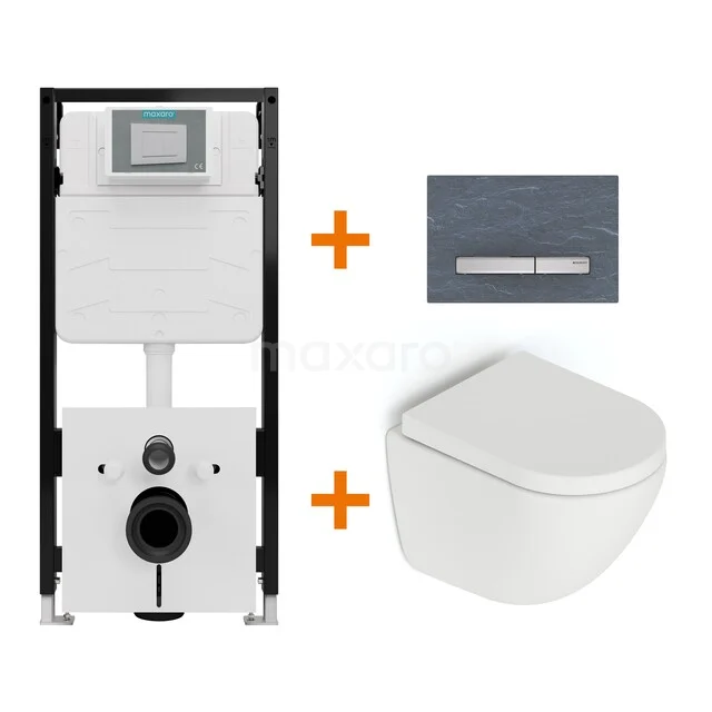 Toiletset Mat wit zonder Spoelrand + Maxaro Flush Slim Pro inbouwreservoir met geluidsisolatie TOI3142