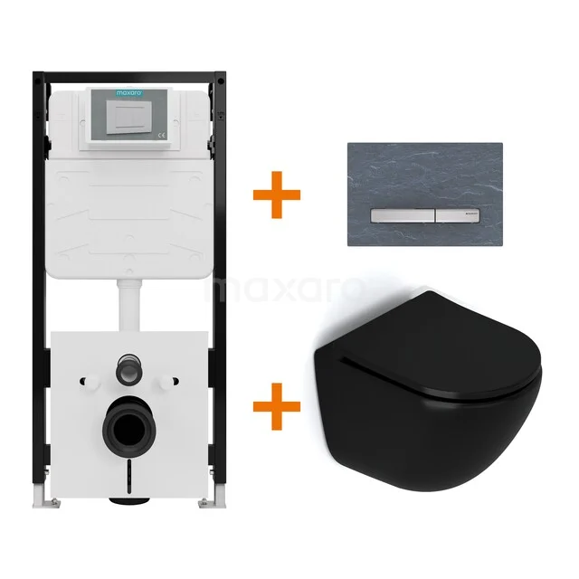 Toiletset Mat zwart zonder Spoelrand + Maxaro Flush Slim Pro inbouwreservoir met geluidsisolatie TOI3145