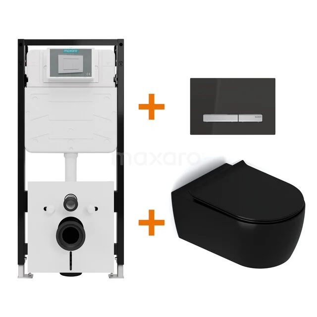 Toiletset Mat zwart met Spoelrand + Maxaro Flush Slim Pro inbouwreservoir met geluidsisolatie TOI3163