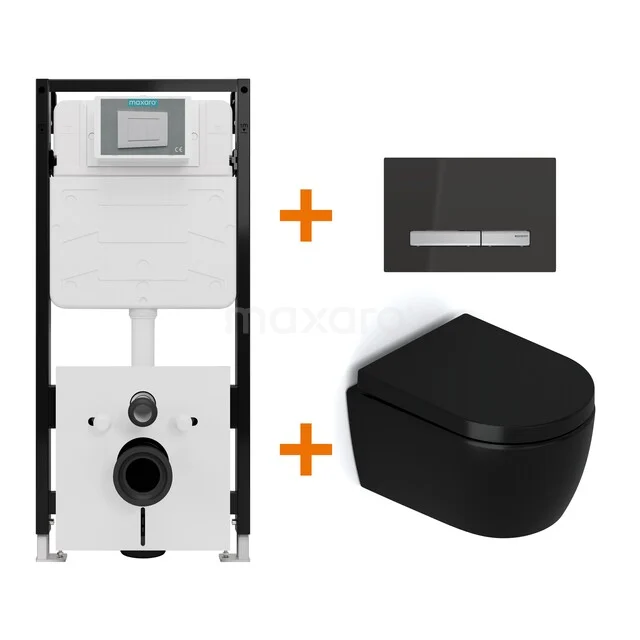 Toiletset Mat zwart zonder Spoelrand + Maxaro Flush Slim Pro inbouwreservoir met geluidsisolatie TOI3168