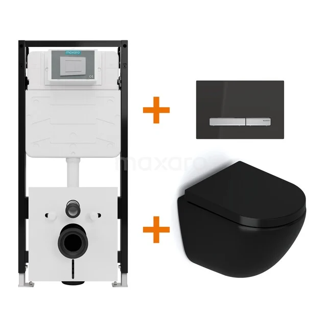 Toiletset Mat zwart zonder Spoelrand + Maxaro Flush Slim Pro inbouwreservoir met geluidsisolatie TOI3177
