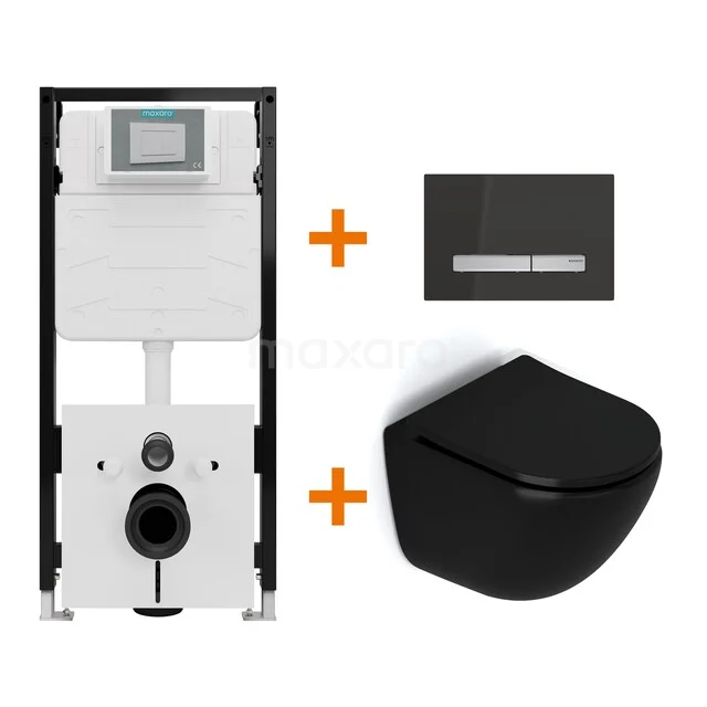 Toiletset Mat zwart zonder Spoelrand + Maxaro Flush Slim Pro inbouwreservoir met geluidsisolatie TOI3178