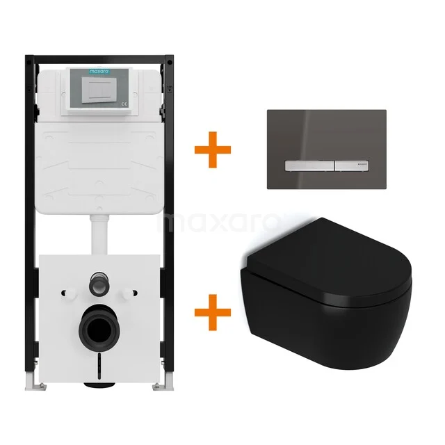 Toiletset Mat zwart met Spoelrand + Maxaro Flush Slim Pro inbouwreservoir met geluidsisolatie TOI3197
