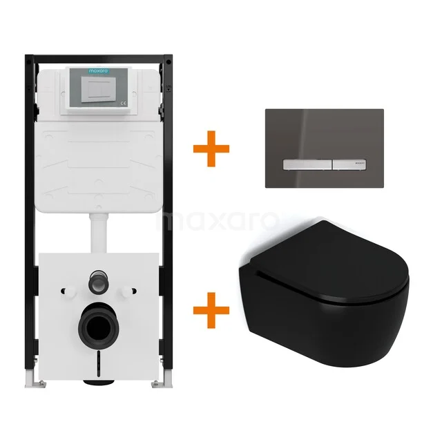 Toilet set Matte black with rim + Maxaro Flush Slim Pro concealed cistern with sound insulation TOI3198 Toilet set Matte black with rim + Maxaro Flush Slim Pro concealed cistern with sound insulation TOI3198