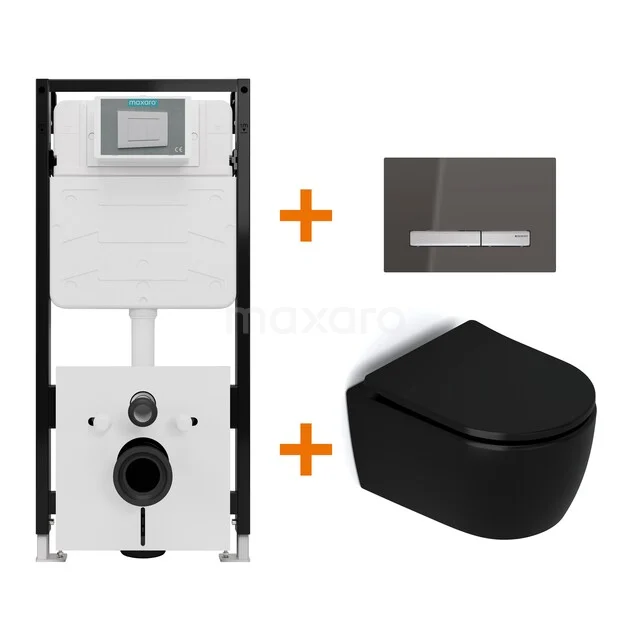 Toiletset Mat zwart zonder Spoelrand + Maxaro Flush Slim Pro inbouwreservoir met geluidsisolatie TOI3202