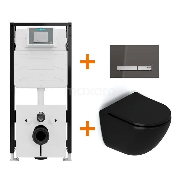 Toiletset Mat zwart zonder Spoelrand + Maxaro Flush Slim Pro inbouwreservoir met geluidsisolatie TOI3211