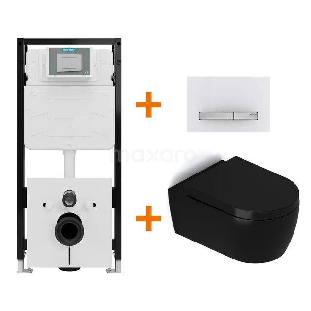 Toiletset Mat zwart met Spoelrand + Maxaro Flush Slim Pro inbouwreservoir met geluidsisolatie TOI3228