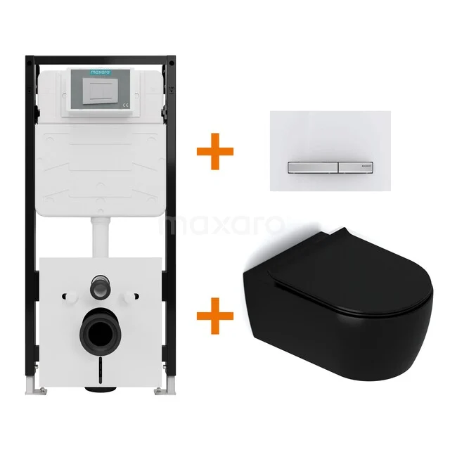 Toiletset Mat zwart met Spoelrand + Maxaro Flush Slim Pro inbouwreservoir met geluidsisolatie TOI3229