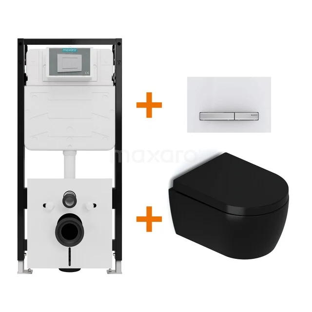 Toiletset Mat zwart met Spoelrand + Maxaro Flush Slim Pro inbouwreservoir met geluidsisolatie TOI3230