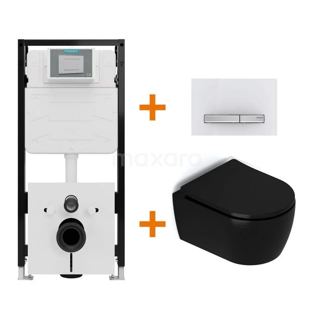 Toiletset Mat zwart met Spoelrand + Maxaro Flush Slim Pro inbouwreservoir met geluidsisolatie TOI3231